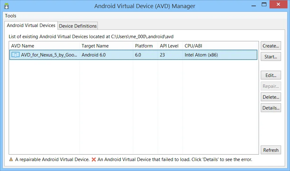 Screenshot Android AVD Manager
